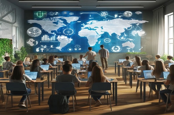 Illustration representing global education and digital learning, with students in a classroom setting and a world map showing international connectivity
